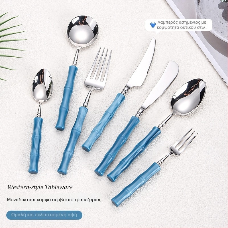 Σετ μαχαιριού, πιρουνιού και κουταλιού για μπριζόλα από ανοξείδωτο ατσάλι 304 – καθρέφτης, χειροποίητο, μοτίβο κόμβου μπαμπού, δυτικά μαχαιροπίρουνα