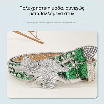 Ζώνη στρας σε πανκ στυλ – PU δέρμα, κράμα για κουμπώματος, κούμπωμα με καρφί, πλάτος 2–4 εκ, ηλεκτροπλατίωση