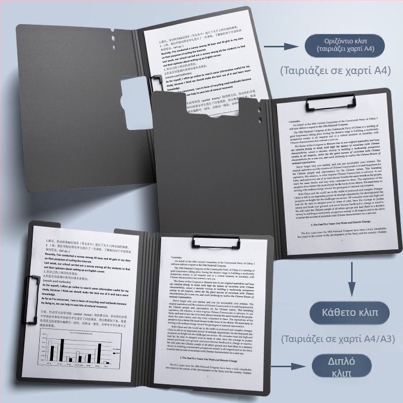 Πυκνωμένος πίνακας με διπλό σφιγκτήρα, PVC κατασκευή, φάκελος εγγράφων και επιφάνεια γραφής, χωρά έως 70 σελίδες