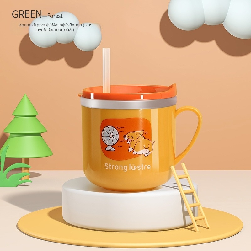 Παιδικό ποτήρι σε καρτούν στυλ από ανοξείδωτο ατσάλι 316, ανθεκτικό στην πτώση, με κλίμακα μέτρησης και καλαμάκι