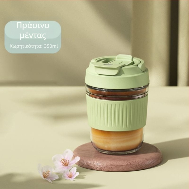 Κύπελλο γυαλιού ανθεκτικό στη θερμοκρασία με καλαμάκι, χειροποίητο με καπάκι, κατάλληλο για γραφείο, καφέ ή γάλα.