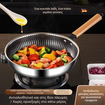 Γουόκ τηγάνι με Maifan πέτρα, αντικολλητικό, 316 ανοξείδωτο ατσάλι, γυάλινο καπάκι, μονή βάση