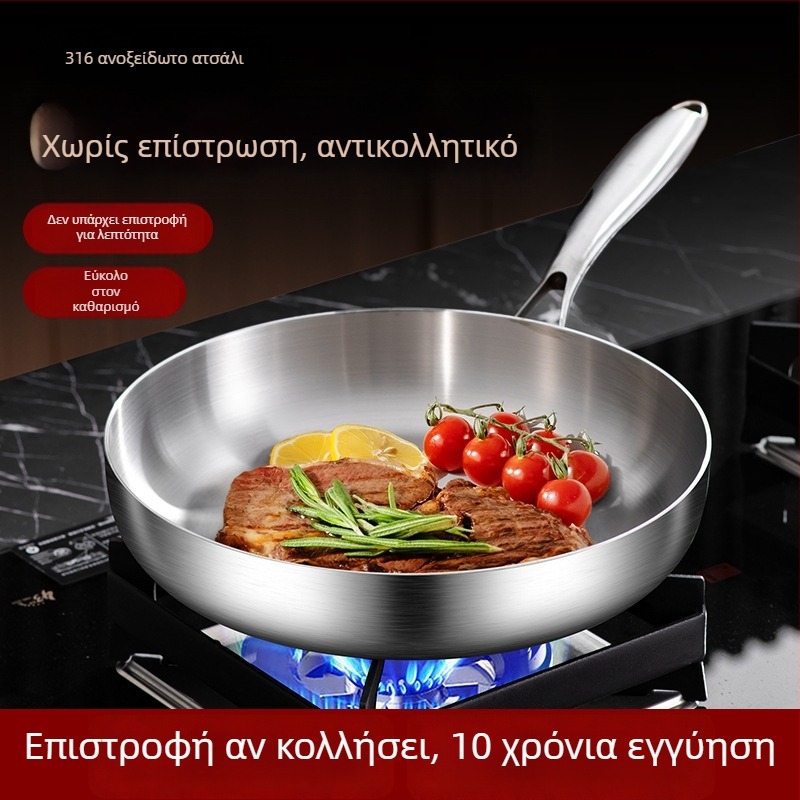 Τηγάνι με αντικολλητικό επίχρισμα για κρέπες και μπριζόλες, από ανοξείδωτο χάλυβα 316, συμβατό με επαγωγή, πολύστρωτο πάτο, γυάλινο καπάκι, βάρος 2 kg, Steel Laimei