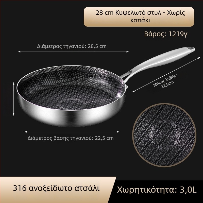 Τηγάνι με αντικολλητικό επίχρισμα για κρέπες και μπριζόλες, από ανοξείδωτο χάλυβα 316, συμβατό με επαγωγή, πολύστρωτο πάτο, γυάλινο καπάκι, βάρος 2 kg, Steel Laimei