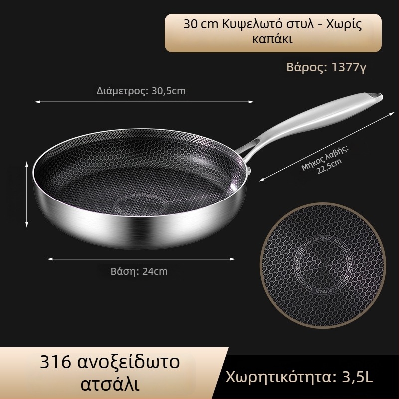 Τηγάνι με αντικολλητικό επίχρισμα για κρέπες και μπριζόλες, από ανοξείδωτο χάλυβα 316, συμβατό με επαγωγή, πολύστρωτο πάτο, γυάλινο καπάκι, βάρος 2 kg, Steel Laimei