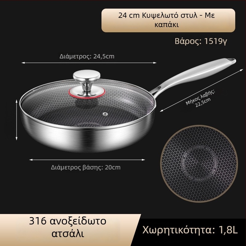 Τηγάνι με αντικολλητικό επίχρισμα για κρέπες και μπριζόλες, από ανοξείδωτο χάλυβα 316, συμβατό με επαγωγή, πολύστρωτο πάτο, γυάλινο καπάκι, βάρος 2 kg, Steel Laimei