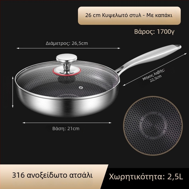 Τηγάνι με αντικολλητικό επίχρισμα για κρέπες και μπριζόλες, από ανοξείδωτο χάλυβα 316, συμβατό με επαγωγή, πολύστρωτο πάτο, γυάλινο καπάκι, βάρος 2 kg, Steel Laimei