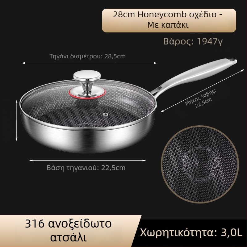 Τηγάνι με αντικολλητικό επίχρισμα για κρέπες και μπριζόλες, από ανοξείδωτο χάλυβα 316, συμβατό με επαγωγή, πολύστρωτο πάτο, γυάλινο καπάκι, βάρος 2 kg, Steel Laimei
