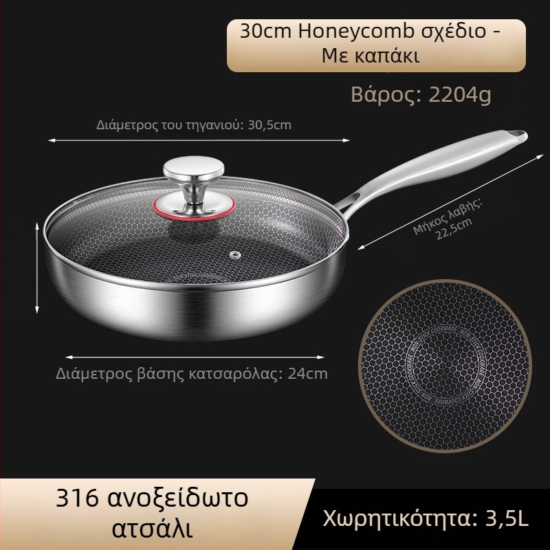 Τηγάνι με αντικολλητικό επίχρισμα για κρέπες και μπριζόλες, από ανοξείδωτο χάλυβα 316, συμβατό με επαγωγή, πολύστρωτο πάτο, γυάλινο καπάκι, βάρος 2 kg, Steel Laimei