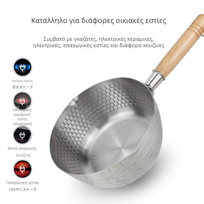 Κατσαρόλα γάλακτος από ανοξείδωτο ατσάλι 304 με ξύλινο χερούλι, χωρίς επίχρισμα, γυάλινο καπάκι, μονή βάση