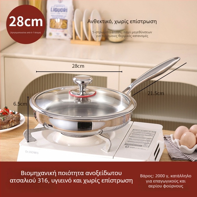 Τηγάνι με επίπεδη βάση από ανοξείδωτο χάλυβα 316, χωρίς επίχρισμα, τροφικών ποιότητας, παχύ, συμβατό με επαγωγική εστία