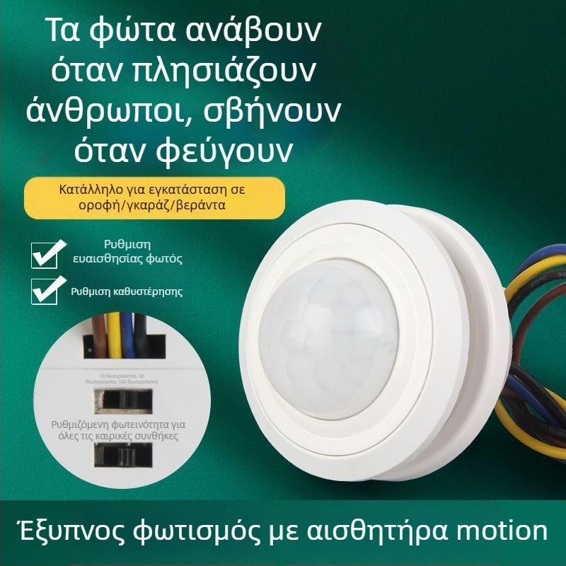 Μονάδα υπέρυθρης ανίχνευσης ανθρώπινου σώματος με ευφυή καθυστέρηση για έλεγχο φωτισμού, με αισθητήρα φωτός; καθυστέρηση 30–40 s; τάσεις 110–240 V AC ή 12–36 V DC; κατάλληλη για ντουλάπια, διανομέας σαπουνιού και φωτισμό