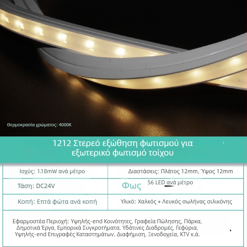 Εξωτερική αδιάβροχη LED λωρίδα για φωτισμό τοίχων, 18W, 2835 LED, 56/m, δέσμη 30°