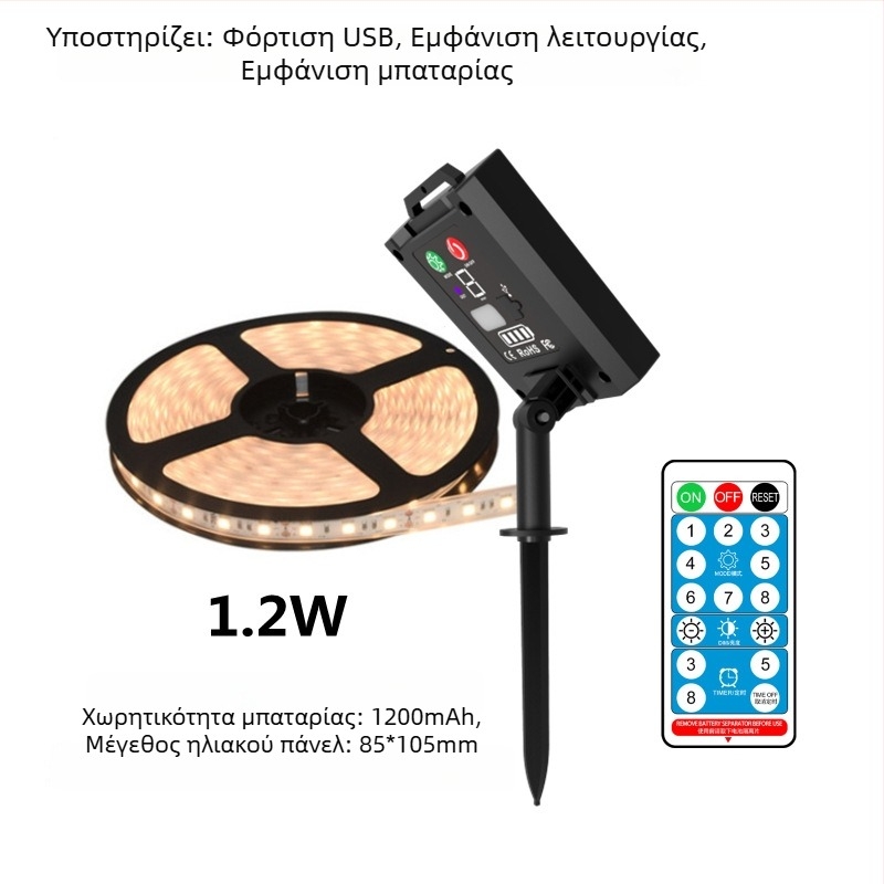 Ηλιακή LED λωρίδα για εξωτερική διακόσμηση αυλής (Τροφοδοσία: Ηλιακή ενέργεια, Μπαταρία, USB; Έλεγχος: Κουμπί/Τηλεχειριστήριο; Διαμόρφωση κατά παραγγελία)