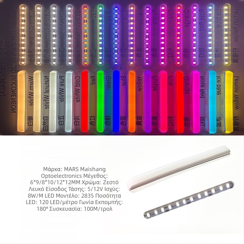 LED Διαχωριζόμενη Νεον Λωρίδα — ευέλικτο σιλικόνη, αδιάβροχο εξωτερικό φως διαφήμισης; 8W/m, 5/12V, 110/120 LED (2835), γωνία δέσμης 120°, διάρκεια ζωής 50.000 ωρών