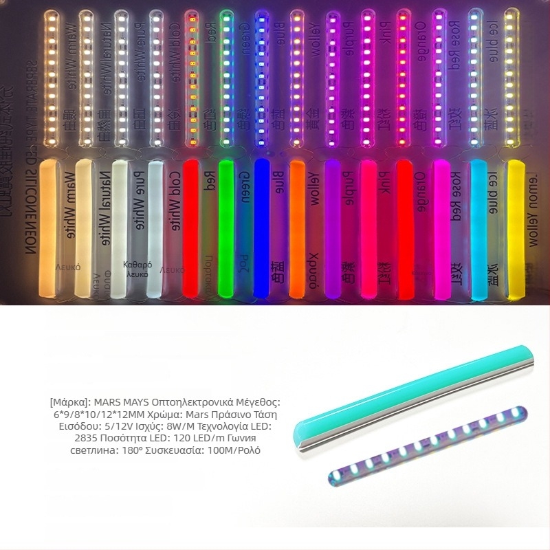 LED Διαχωριζόμενη Νεον Λωρίδα — ευέλικτο σιλικόνη, αδιάβροχο εξωτερικό φως διαφήμισης; 8W/m, 5/12V, 110/120 LED (2835), γωνία δέσμης 120°, διάρκεια ζωής 50.000 ωρών