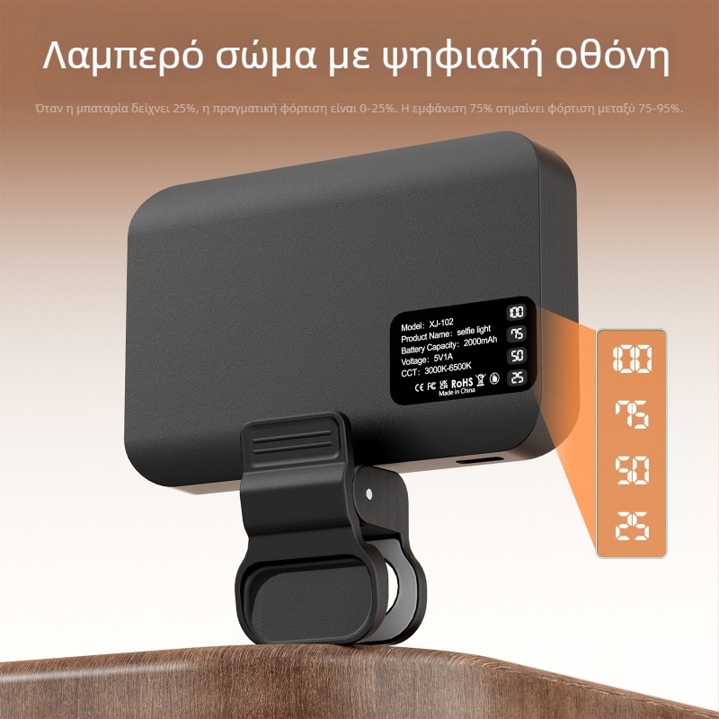 Φωτιστικό LED για σέλφι και βιντεοκλήσεις, ρυθμιζόμενη θερμοκρασία χρώματος 2500K–9900K, ισχύς κάτω από 10W, είσοδος 5V/2A, μοντέλο XJ102