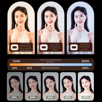 Φορητό χειροκίνητο LED κυκλικό φως για selfies και ζωντανές μεταδόσεις με ενσωματωμένη μπαταρία, τροφοδοσία 5V, ισχύ 10–50W