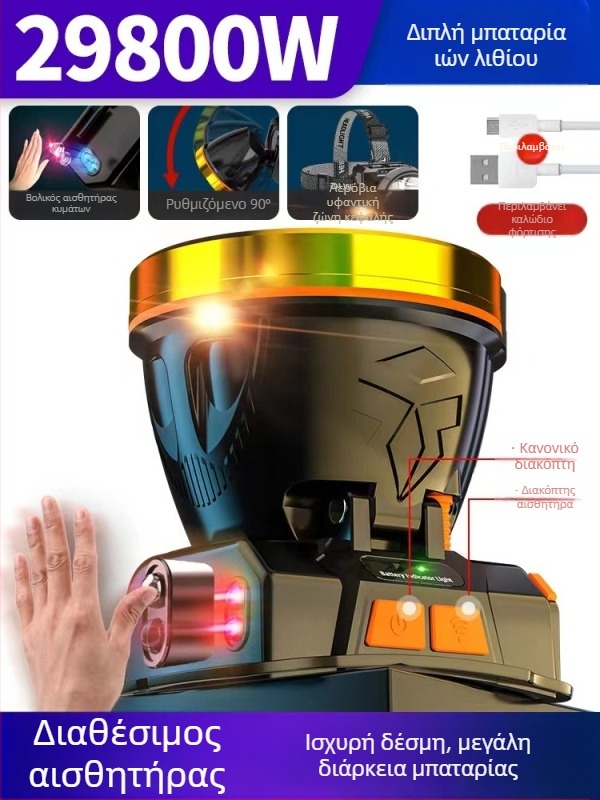 Λυχνία κεφαλής για νυχτερινή αλιεία, επαναφορτιζόμενη, μπαταρία 1200mAh, LED 10W, σώμα αλουμινίου, δέσμη 200–500 m