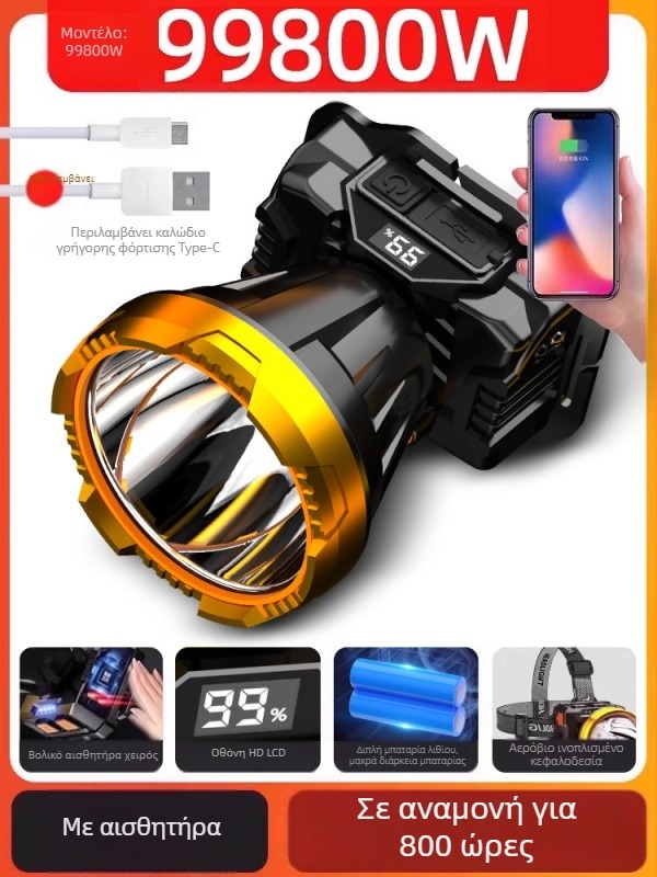 Λυχνία κεφαλής για νυχτερινή αλιεία, επαναφορτιζόμενη, μπαταρία 1200mAh, LED 10W, σώμα αλουμινίου, δέσμη 200–500 m