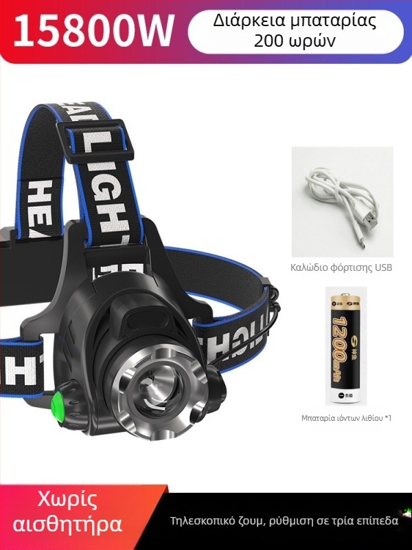Κεφαλικός φακός για νυχτερινή αλιεία – 10W LED, επαναφορτιζόμενος, χειροκίνητη τροφοδοσία, αλουμινένιο κράμα, εμβέλεια δέσμης 200–500 m