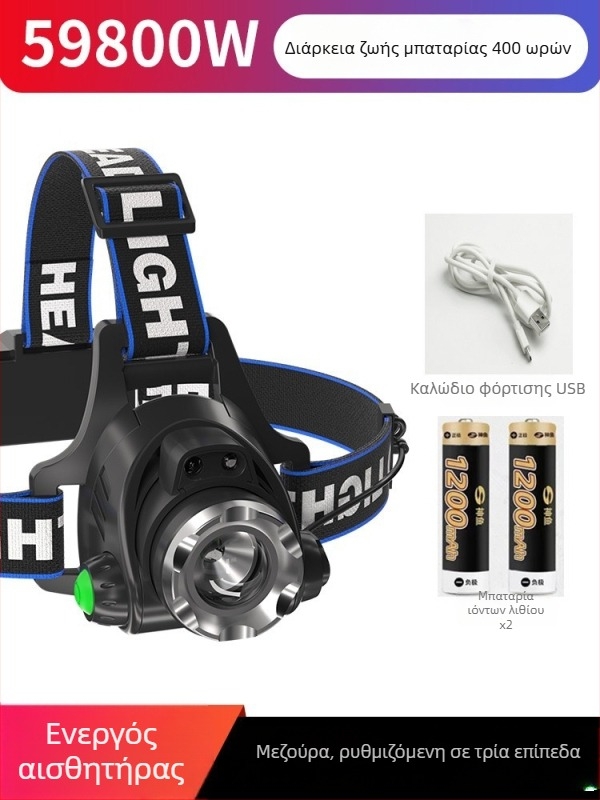 Κεφαλικός φακός για νυχτερινή αλιεία – 10W LED, επαναφορτιζόμενος, χειροκίνητη τροφοδοσία, αλουμινένιο κράμα, εμβέλεια δέσμης 200–500 m