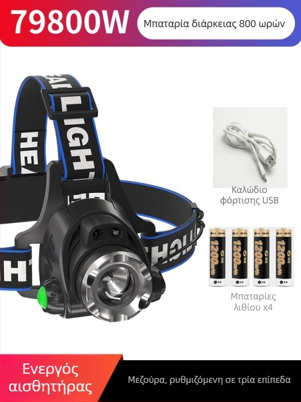 Κεφαλικός φακός για νυχτερινή αλιεία – 10W LED, επαναφορτιζόμενος, χειροκίνητη τροφοδοσία, αλουμινένιο κράμα, εμβέλεια δέσμης 200–500 m