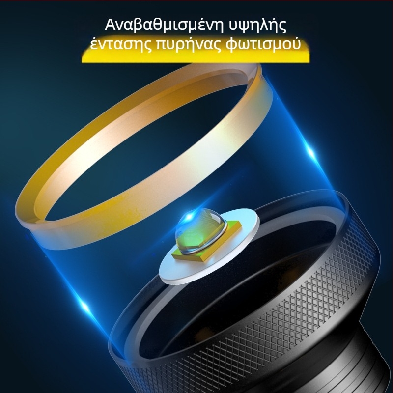 Χειροκίνητος φακός από κράμα αλουμινίου με ενσωματωμένη επαναφορτιζόμενη μπαταρία, απόδοση 300 lm, εμβέλεια 100 μ, χρόνος φόρτισης 3 ώρες