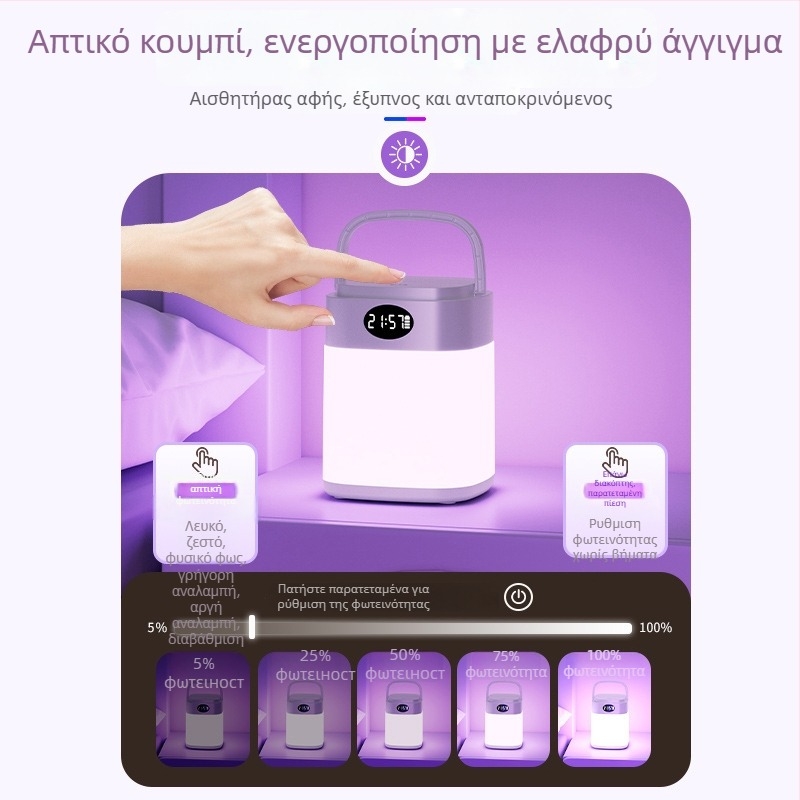 Φωτιστικό νυχτερινό LED με τηλεχειριστήριο, ενσωματωμένη μπαταρία, ρολόι, περιβαλλοντικό φως