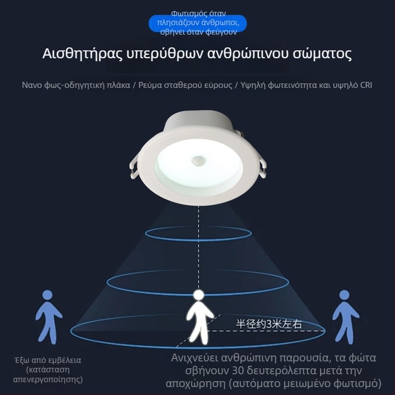 Ενσωματωμένο LED downlight με ρανταρικό αισθητήρα κίνησης, κρυφή εγκατάσταση, έξυπνος έλεγχος, ισχύς 6–10W, 220V