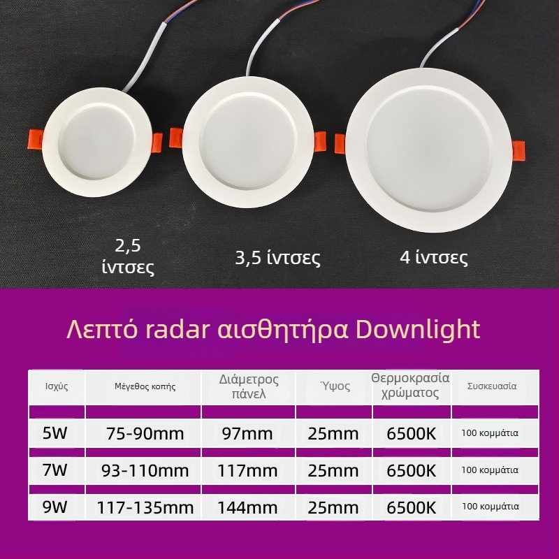 LED downlight με αισθητήρα σώματος, υπέρυθρο ραντάρ και φωνητικό έλεγχο, κρυφή εγκατάσταση, 220V, LED τεμάχια 2835 x10, 6500K