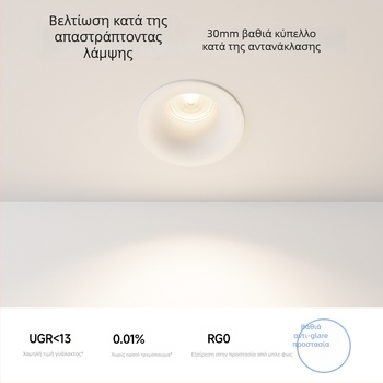Οροφής LED downlight χωρίς πλαίσιο με κυρτό προφίλ, αντιλαμπρός σχεδιασμός, ενσωματωμένο, COB LED, 220V, αλουμινένιο περίβλημα, άνοιγμα 75 мм, 82 mm συνολικό μέγεθος, 3000–6000K