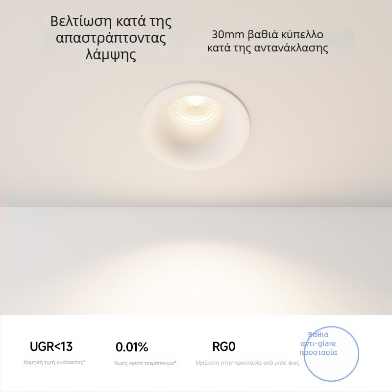 Οροφής LED downlight χωρίς πλαίσιο με κυρτό προφίλ, αντιλαμπρός σχεδιασμός, ενσωματωμένο, COB LED, 220V, αλουμινένιο περίβλημα, άνοιγμα 75 мм, 82 mm συνολικό μέγεθος, 3000–6000K