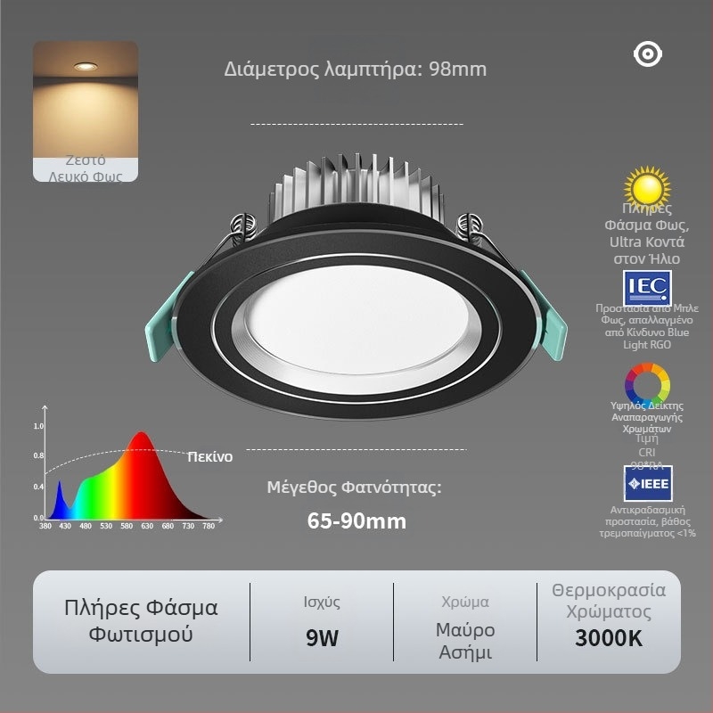 LED φωτιστικό οροφής Downlight; πλήρες φάσμα, αντιμπλε φως; CRI ≥90; 220V; κρυφή εγκατάσταση