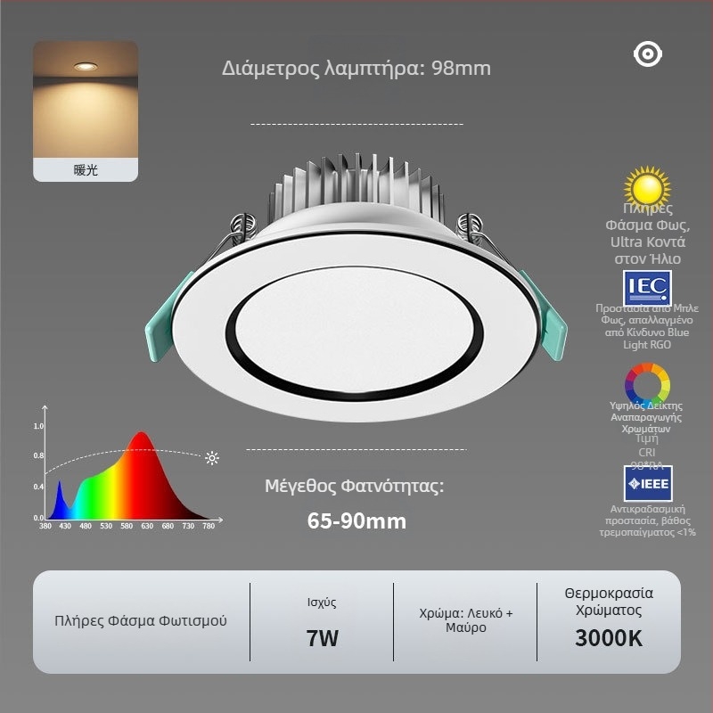 LED φωτιστικό οροφής Downlight; πλήρες φάσμα, αντιμπλε φως; CRI ≥90; 220V; κρυφή εγκατάσταση