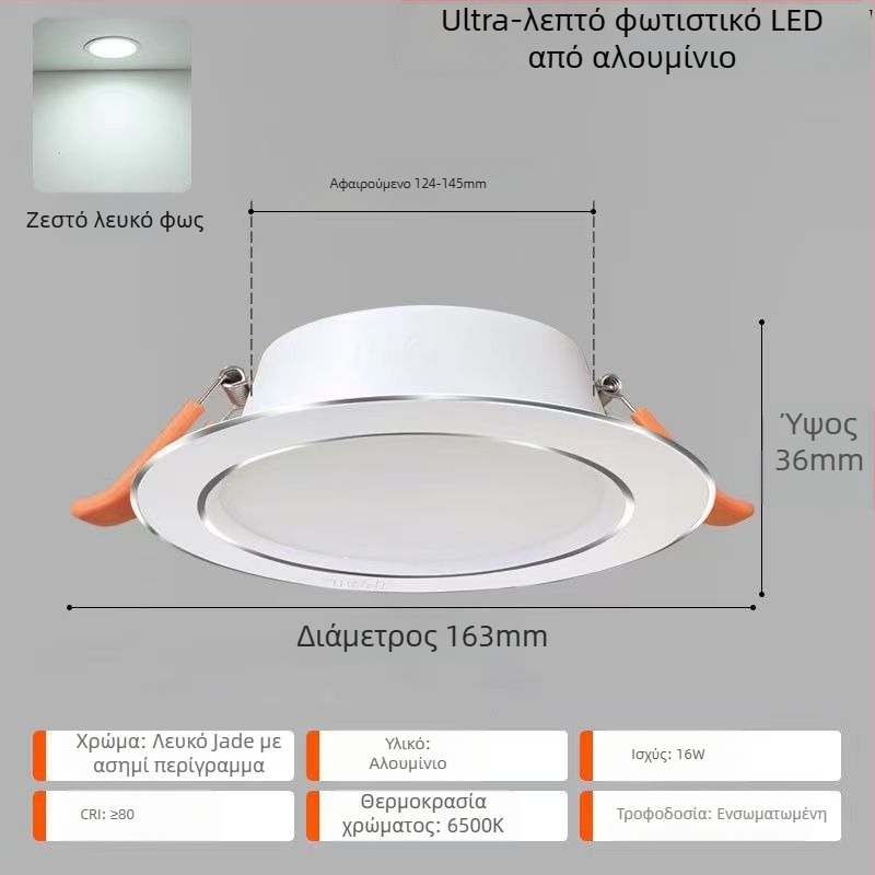 Φωτιστικό LED οροφής – εξαιρετικά λεπτό αλουμινένιο περίβλημα, ενσωματωμένη εγκατάσταση, 6500K ημέρας, 220V, CRI 70–79