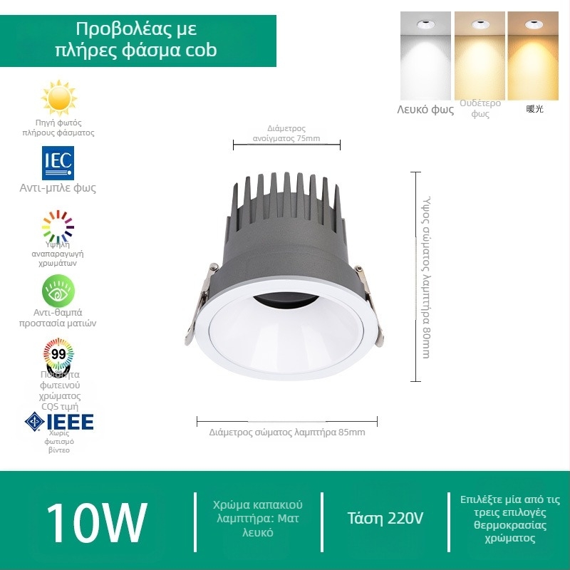 LED προβολέας για οικιακή χρήση, ενσωματωμένος οροφικός φωτισμός, 220V, Puri chip, αλουμινένιο περίβλημα, έλεγχος με διακόπτη