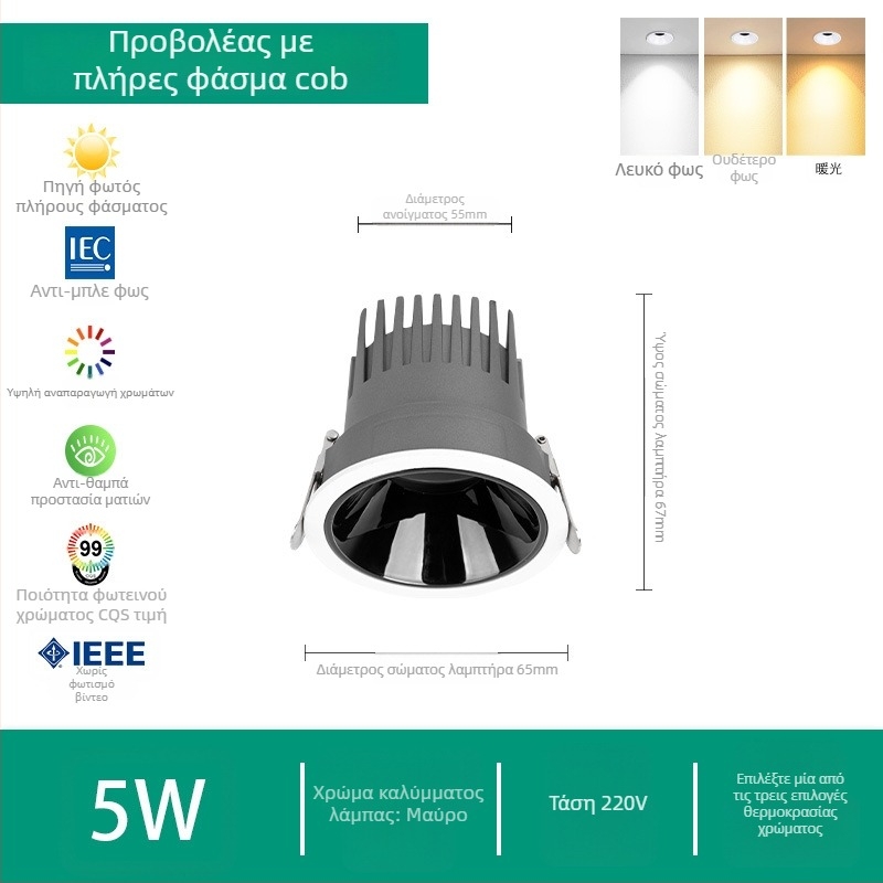 LED προβολέας για οικιακή χρήση, ενσωματωμένος οροφικός φωτισμός, 220V, Puri chip, αλουμινένιο περίβλημα, έλεγχος με διακόπτη