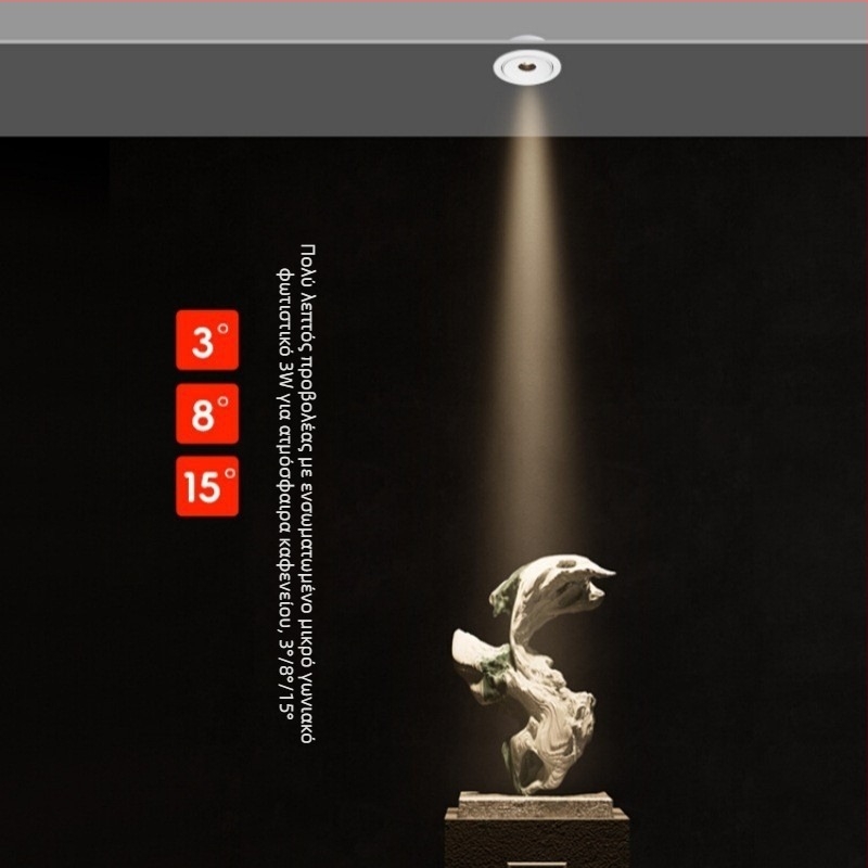 Κρυφός προβολέας COB 3W, ultra-thin, με γωνίες δέσμης 3°/8°/15°, CRI ≥95, 220V