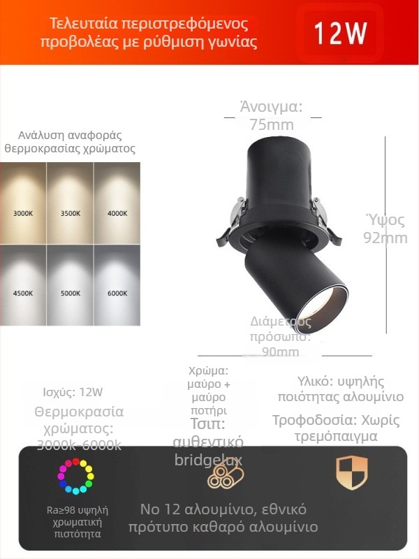 LED φωτιστικό οροφής, ενσωματωμένο, ρυθμιζόμενη γωνία δέσμης (COB LED, 220V, αλουμινένιο περίβλημα, CRI ≥95)