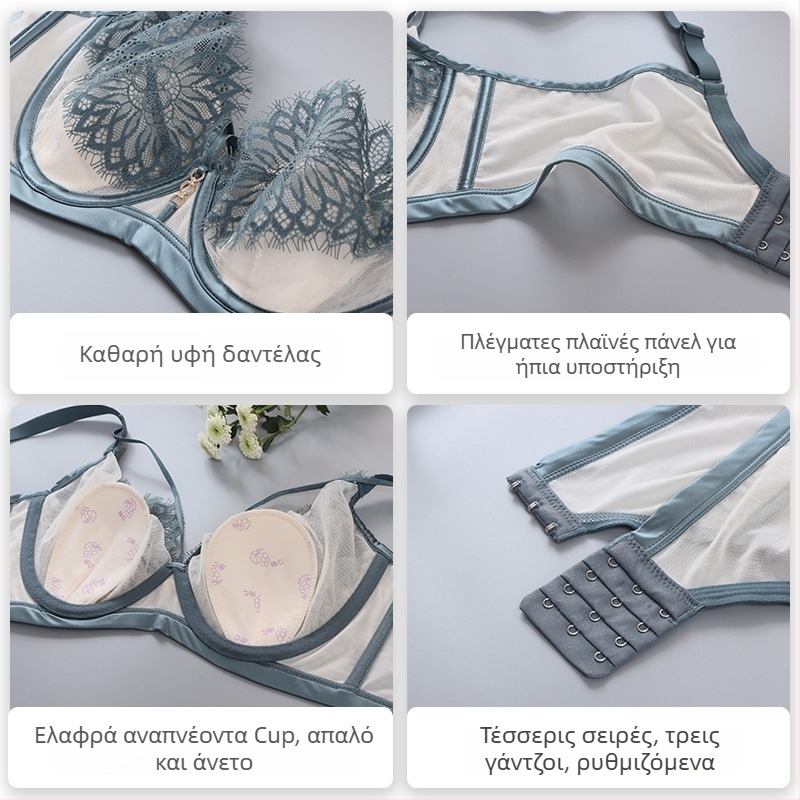 Σουτιέν δαντέλας σε γαλλικό στυλ, με μεταλλικό δαχτυλίδι, λεπτές μορφοποιημένες κούπες, τρεις σειρές κλεισίματος στην πλάτη, σταθεροί διπλοί ιμάντες