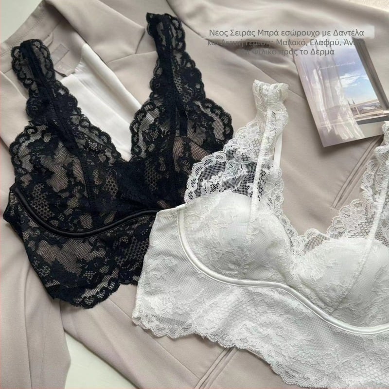 Ασύρματο δαντελένιο σουτιέν με μισή κούπα, σταθερές διπλές τιράντες, πίσω σε στυλ γιλέκου
