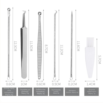 Σετ 6 ακνεϊκών βελών, ανοξείδωτο ατσάλι — περιλαμβάνει βελόνα για μαύρα στίγματα, λαβίδα και κλιπ ακμής