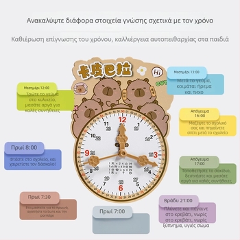 Μοντέλο εκπαιδευτικού ρολογιού για τη μάθηση της ώρας – χαρτόνι/πλαστικό, κατάλληλο για παιδιά 7–14 ετών; συσκευασία σε διχτυωτό σάκο; προάγει νοητική ανάπτυξη, χειρωνακτική μάθηση και διαδραστικό παιχνίδι.