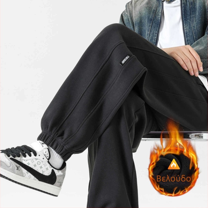 Ανδρικά παντελόνια αντιανεμικά με φλις για τον χειμώνα, χαλαρή γραμμή τζόγκερ, με κορδόνι στη μέση