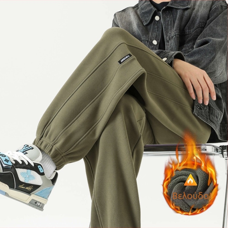 Ανδρικά παντελόνια αντιανεμικά με φλις για τον χειμώνα, χαλαρή γραμμή τζόγκερ, με κορδόνι στη μέση