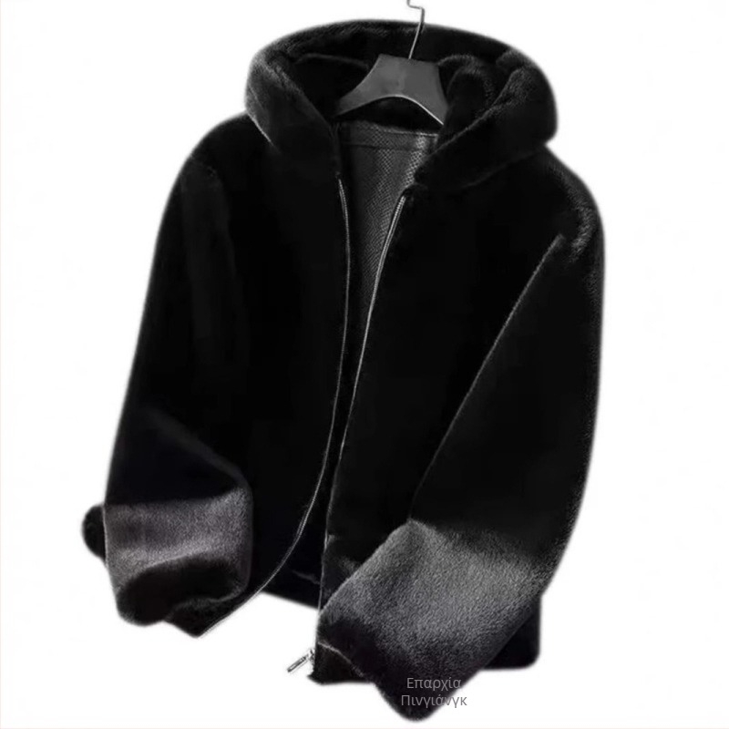 Ανδρικό παλτό από γούνα μίνκ με κουκούλα, μεσαίου μήκους, χαλαρή γραμμή, κούμπωμα με φερμουάρ, φυσική γούνα