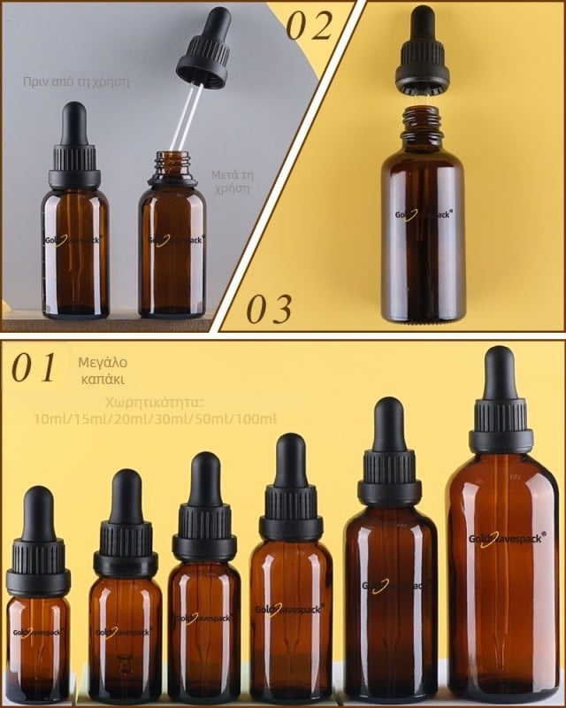 Προσαρμοσμένο γυάλινο μπουκαλάκι καλλυντικών με προστατευτικό σταγονόμετρο κατά κλοπής, 18/410 λαιμός, εκτύπωση και ηλεκτροπλατίωση, κατάλληλο για συσκευασία ομορφιάς