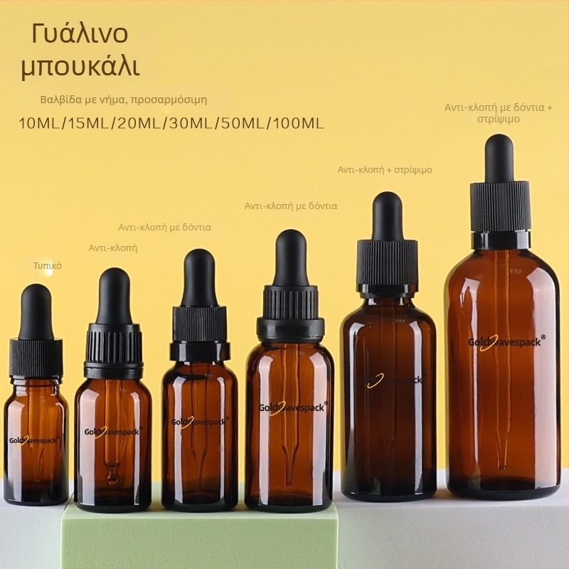 Προσαρμοσμένο γυάλινο μπουκαλάκι καλλυντικών με προστατευτικό σταγονόμετρο κατά κλοπής, 18/410 λαιμός, εκτύπωση και ηλεκτροπλατίωση, κατάλληλο για συσκευασία ομορφιάς