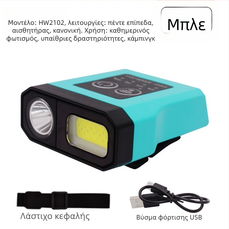 Φακός κεφαλής για νυχτερινό ψάρεμα - επαναφορτιζόμενος LED με διακόπτη επαγωγής, ελαφριά πλαστική κατασκευή, εμβέλεια έως 200–500 μέτρα